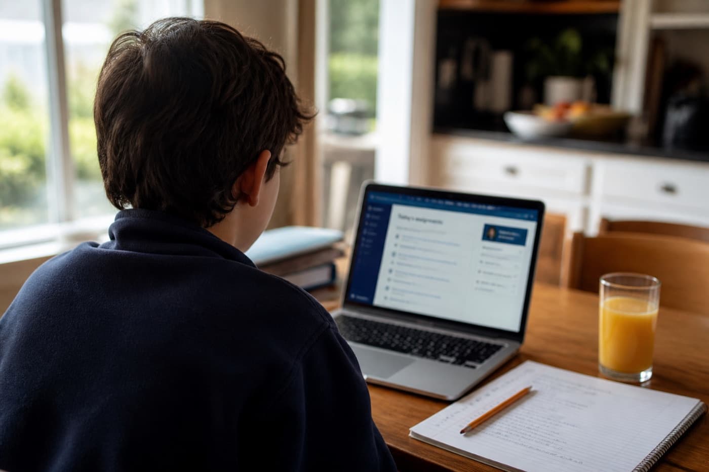 A student doing online school at a kitchen table at home